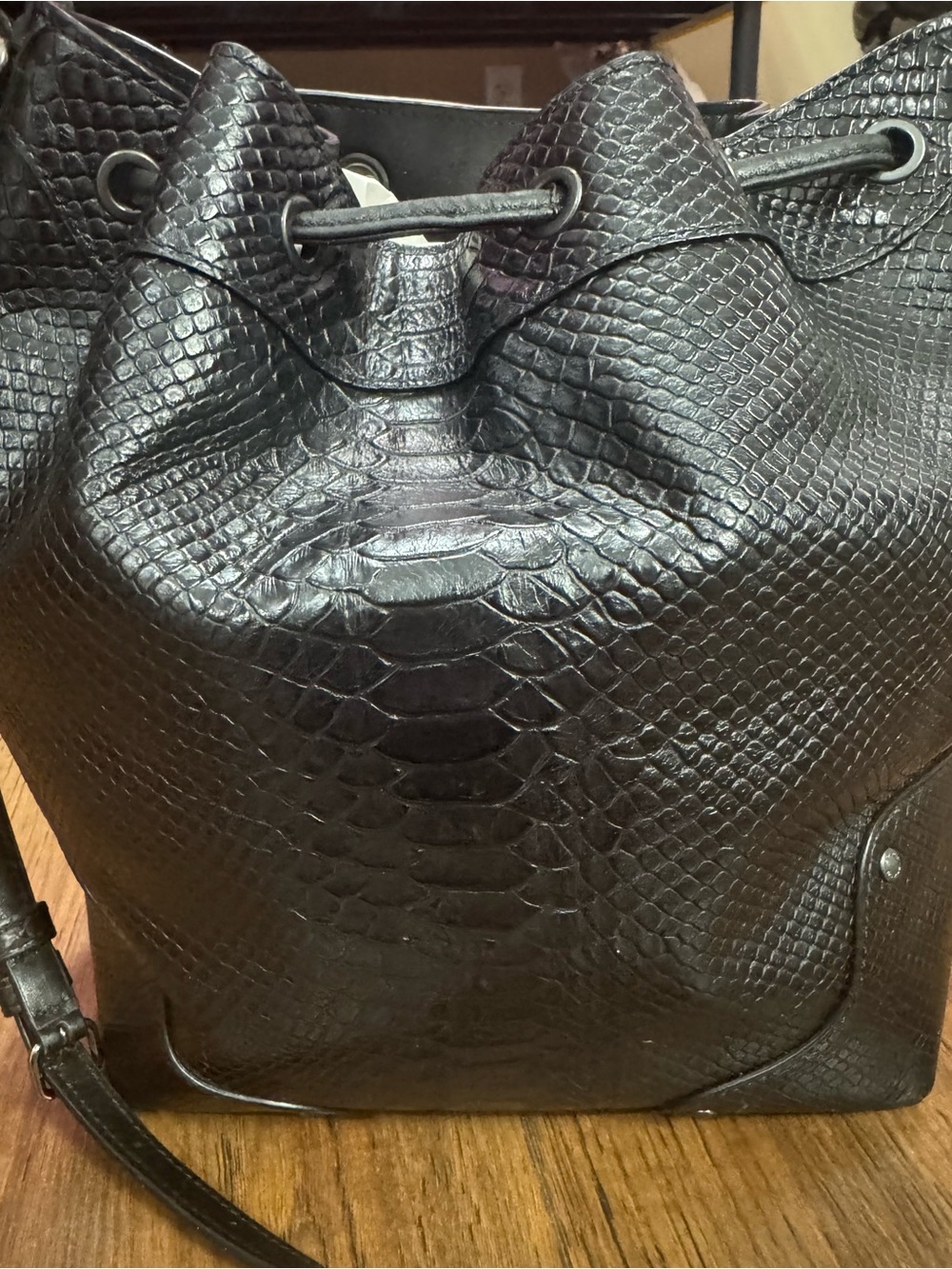 Coach F35928 Black Python Embossed Leather Drawstring Bucket Bag - Picture 2 of 16